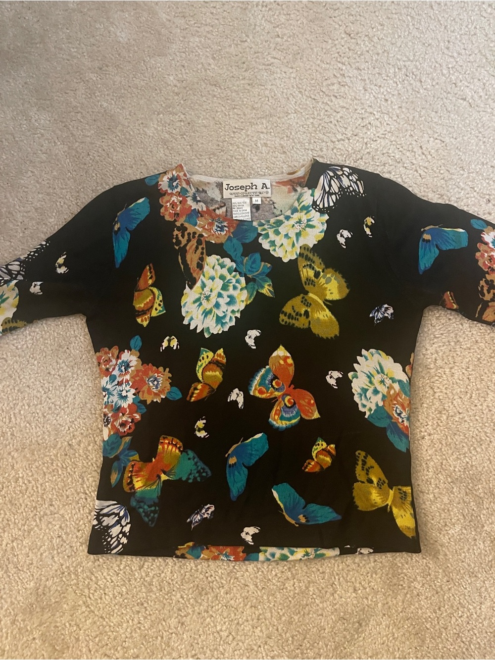 Joseph A. Black Butterfly & Floral Print Top with Blue and Yellow Accents